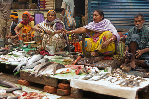 People selling fish at a street market in the Chowringhee area of Kolkata, West Bengal, India